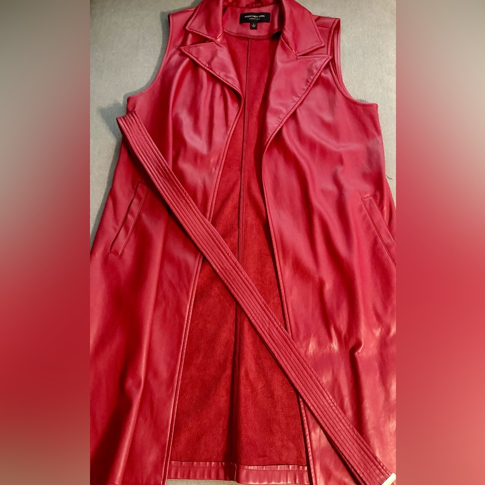 Women's Red Sleeveless Leather Long Vest